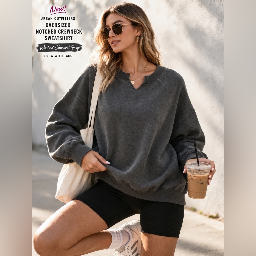 Urban Outfitters Washed Charcoal Oversized Sweatshirt Notched Raw Crewneck